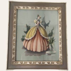 Vintage 1940s Turner Victorian Lady Lithograph Print Southern Bell w Fan Pastel